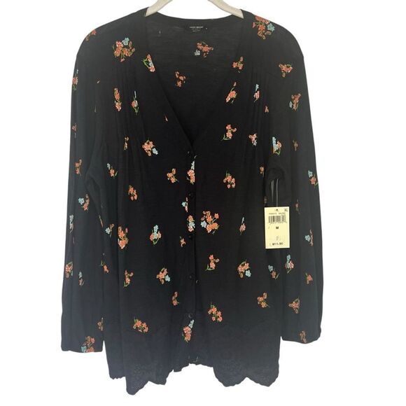 Lucky Brand Floral Peasant Top Womens Medium Embroidered V-Neck Button Front - Picture 2 of 8